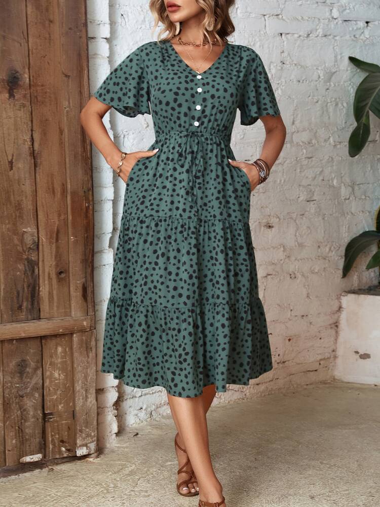 LUMIGAL Dalmatian Print Knot Front Ruffle Hem Dress Maxi Women Outfit - Dark Green - View 6