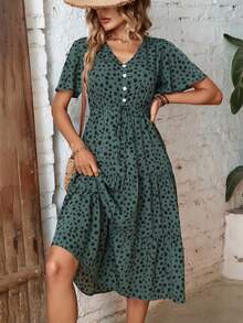 LUMIGAL Dalmatian Print Knot Front Ruffle Hem Dress Maxi Women Outfit - Dark Green - View 8