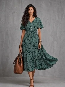 LUMIGAL Dalmatian Print Knot Front Ruffle Hem Dress Maxi Women Outfit - Dark Green - View 4