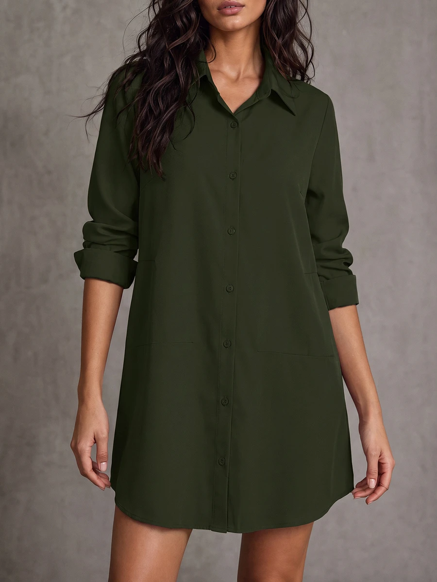 LUMIGAL Women's Casual Solid Color Mid-Length Shirt, Spring Autumn,Long Sleeve Tops Fall Cloth For Women - Army Green - View 1