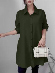 LUMIGAL Women's Casual Solid Color Mid-Length Shirt, Spring Autumn,Long Sleeve Tops Fall Cloth For Women - Army Green - View 9