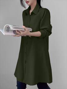 LUMIGAL Women's Casual Solid Color Mid-Length Shirt, Spring Autumn,Long Sleeve Tops Fall Cloth For Women - Army Green - View 8