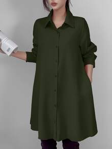 LUMIGAL Women's Casual Solid Color Mid-Length Shirt, Spring Autumn,Long Sleeve Tops Fall Cloth For Women - Army Green - View 3