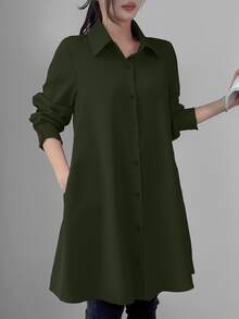 LUMIGAL Women's Casual Solid Color Mid-Length Shirt, Spring Autumn,Long Sleeve Tops Fall Cloth For Women - Army Green - View 6
