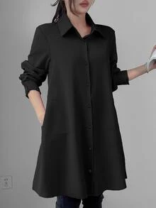 LUMIGAL Ladies' Solid Color Lapel Neckline Casual Fit Shirt With Chest Pocket And Front Button Closure,Long Sleeve Tops Fall Cloth For Women - Black - View 6