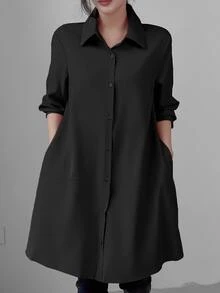 LUMIGAL Ladies' Solid Color Lapel Neckline Casual Fit Shirt With Chest Pocket And Front Button Closure,Long Sleeve Tops Fall Cloth For Women - Black - View 5