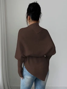 LUMIGAL 女式高领蝙蝠袖不对称下摆系腰毛衣 - 棕色 - 查看 2
