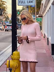 SHEIN Clasi Autumn Pink Short Mini Sweater Dress Ruffle Hem Fitted Colorblock Women's Knit Romantic Cute French Knitwear Fall Wedding Brunch - Pink - View 8