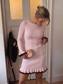 SHEIN Clasi Autumn Pink Short Mini Sweater Dress Ruffle Hem Fitted Colorblock Women's Knit Romantic Cute French Knitwear Fall Wedding Brunch - Pink - View 7