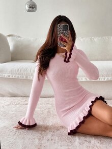 SHEIN Clasi Autumn Pink Short Mini Sweater Dress Ruffle Hem Fitted Colorblock Women's Knit Romantic Cute French Knitwear Fall Wedding Brunch - Pink - View 4