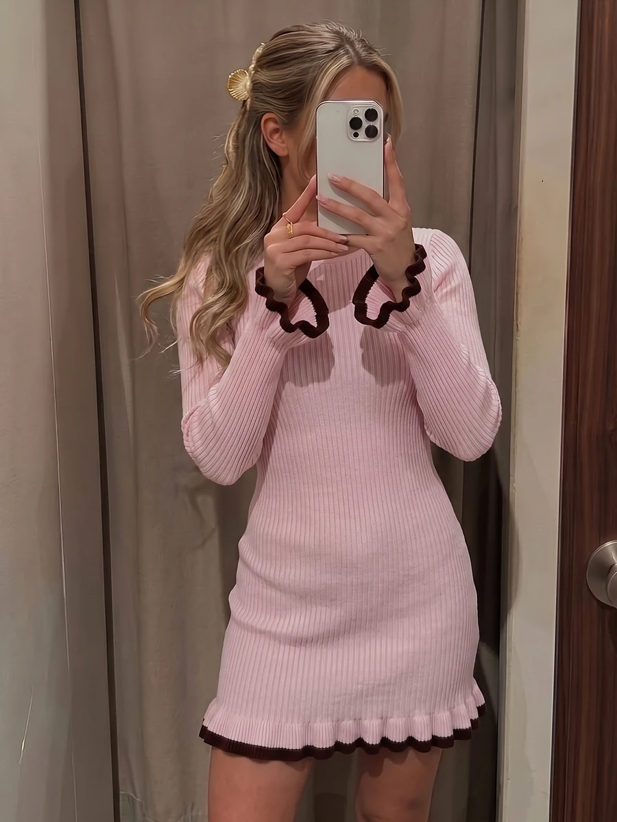 SHEIN Clasi Autumn Pink Short Mini Sweater Dress Ruffle Hem Fitted Colorblock Women's Knit Romantic Cute French Knitwear Fall Wedding Brunch - Pink - View 1