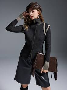 MYSTAURA Vintage Fitted Knit Sweater Top, Women's Slim Fit Cardigan Jacket - Black - View 1