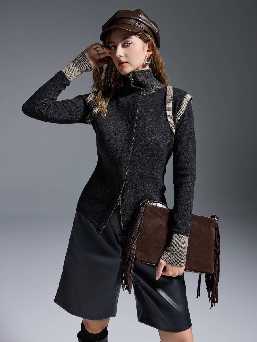 MYSTAURA Vintage Fitted Knit Sweater Top, Women's Slim Fit Cardigan Jacket - Black - View 1