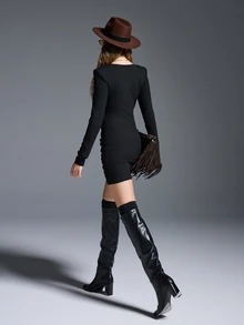 MYSTAURA Minimalist Elegant Long Sleeve Fitted Women Short Dresses - Black - View 2