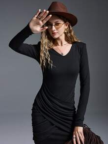 MYSTAURA Minimalist Elegant Long Sleeve Fitted Women Short Dresses - Black - View 5