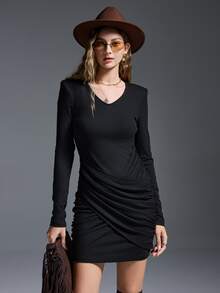 MYSTAURA Minimalist Elegant Long Sleeve Fitted Women Short Dresses - Black - View 3