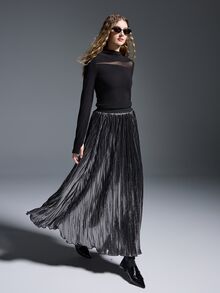 MYSTAURA Women's Solid Color Elastic Waist Pleated Skirt - Black - View 4
