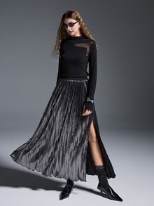 MYSTAURA Women's Solid Color Elastic Waist Pleated Skirt - Black - View 1