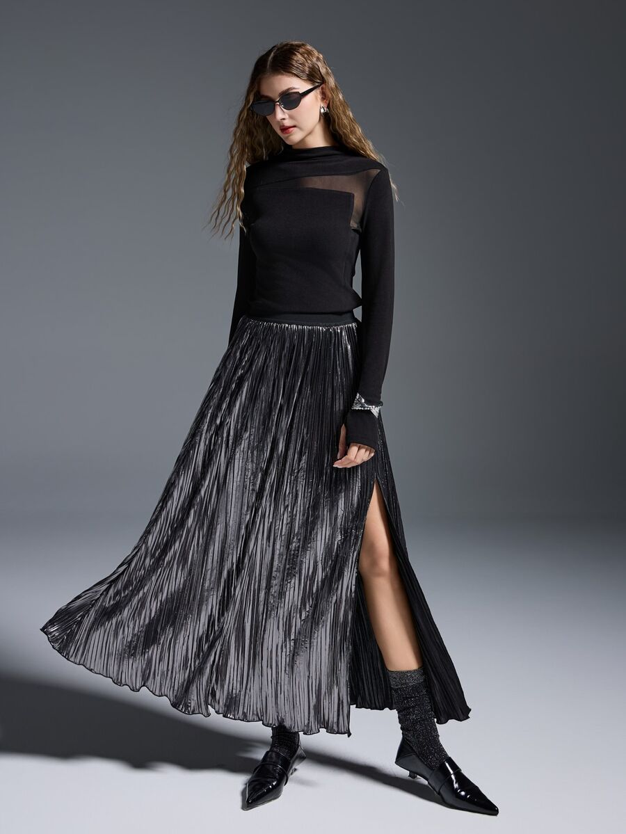 MYSTAURA Women's Solid Color Elastic Waist Pleated Skirt - Black - View 1