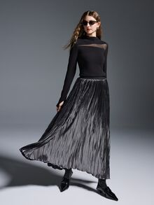 MYSTAURA Women's Solid Color Elastic Waist Pleated Skirt - Black - View 6