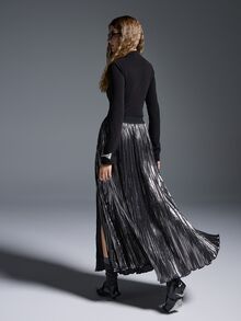 MYSTAURA Women's Solid Color Elastic Waist Pleated Skirt - Black - View 2