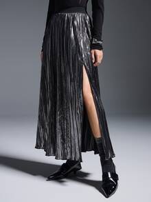 MYSTAURA Women's Solid Color Elastic Waist Pleated Skirt - Black - View 5