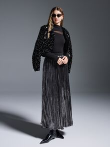 MYSTAURA Women's Solid Color Elastic Waist Pleated Skirt - Black - View 3