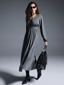 MYSTAURA Women's Solid Color V-Neck Lantern Sleeve Cinched Waist Casual Dress - Grey - View 1
