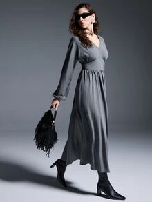 MYSTAURA Women's Solid Color V-Neck Lantern Sleeve Cinched Waist Casual Dress - Grey - View 3