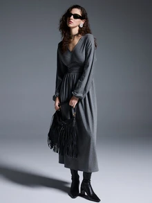 MYSTAURA Women's Solid Color V-Neck Lantern Sleeve Cinched Waist Casual Dress - Grey - View 5