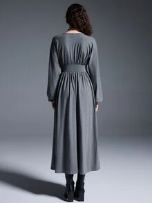 MYSTAURA Women's Solid Color V-Neck Lantern Sleeve Cinched Waist Casual Dress - Grey - View 2