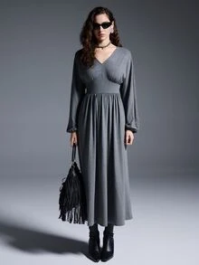 MYSTAURA Women's Solid Color V-Neck Lantern Sleeve Cinched Waist Casual Dress - Grey - View 4