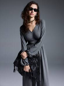 MYSTAURA Women's Solid Color V-Neck Lantern Sleeve Cinched Waist Casual Dress - Grey - View 6