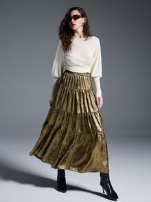 MYSTAURA Women's Metallic Elastic Waist Layered Ruffle Hem Fashionable Skirt - Gold - View 4
