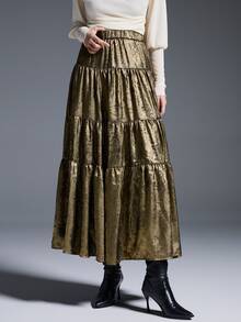 MYSTAURA Women's Metallic Elastic Waist Layered Ruffle Hem Fashionable Skirt - Gold - View 6
