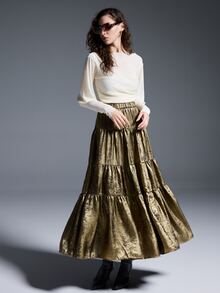MYSTAURA Women's Metallic Elastic Waist Layered Ruffle Hem Fashionable Skirt - Gold - View 5