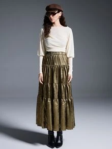 MYSTAURA Women's Metallic Elastic Waist Layered Ruffle Hem Fashionable Skirt - Gold - View 3