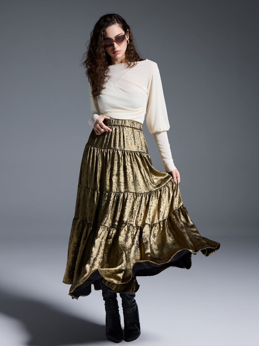 MYSTAURA Women's Metallic Elastic Waist Layered Ruffle Hem Fashionable Skirt - Gold - View 1