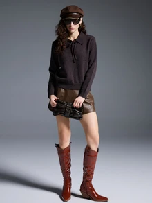 MYSTAURA Women's Casual Solid Color Lace-Up Pullover Sweater, Autumn/Winter - Grey - View 3