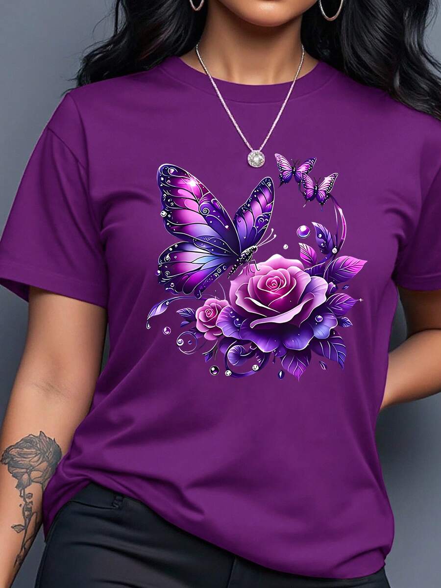 Rovax Women's Butterfly Pattern Dropped Shoulder Round Neck Short Sleeve T-Shirt, Summer - Purple - View 1