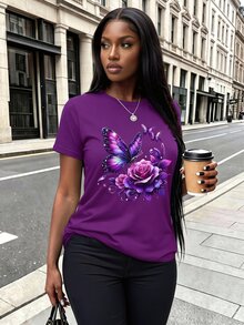Rovax Women's Butterfly Pattern Dropped Shoulder Round Neck Short Sleeve T-Shirt, Summer - Purple - View 3