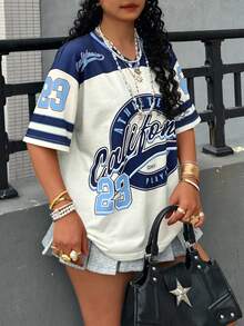 Rovax Plus Size V-Neck Striped & Letter Print Short Sleeve T-Shirt, Summer - Multicolor - View 3