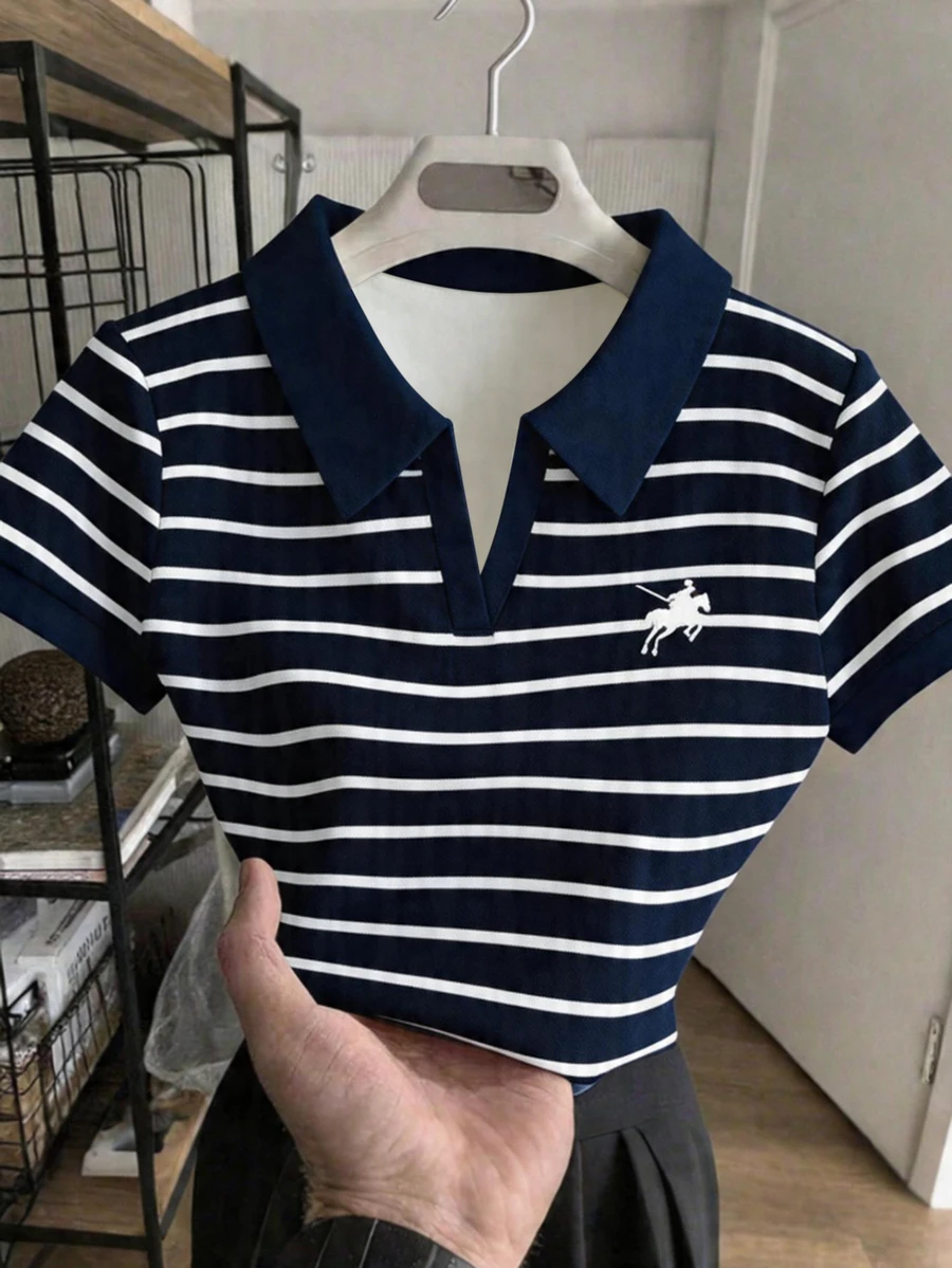 INAWLY Women's Short Polo Shirt With Striped Horse Riding Print, Contrast Color Collar - Multicolor - View 1