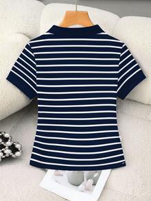 INAWLY Women's Short Polo Shirt With Striped Horse Riding Print, Contrast Color Collar - Multicolor - View 2