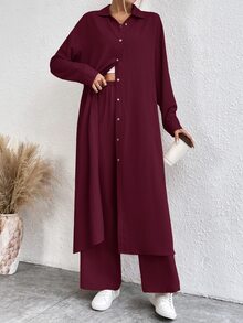 RosyDaze 2pcs/Set Shirt And Pants - Burgundy - View 5