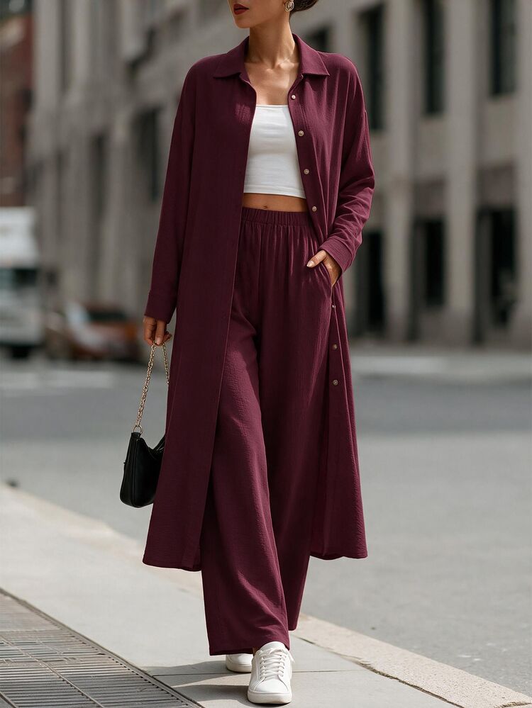 RosyDaze 2pcs/Set Shirt And Pants - Burgundy - View 3