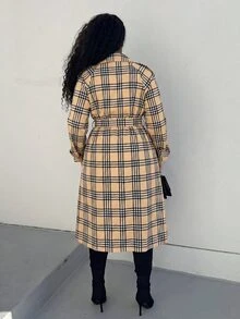 SHEIN 格紋印花繫腰風衣 辦公室穿搭 駝色 秋季 優雅 - 彩色 - 查看 2
