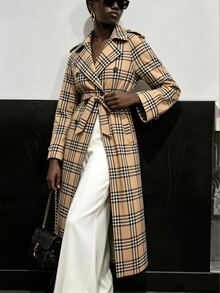 SHEIN 格紋印花繫腰風衣 辦公室穿搭 駝色 秋季 優雅 - 彩色 - 查看 4
