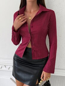 SHEIN 女士条纹印花简约日常长袖衬衫 - 酒紅色 - 查看 8
