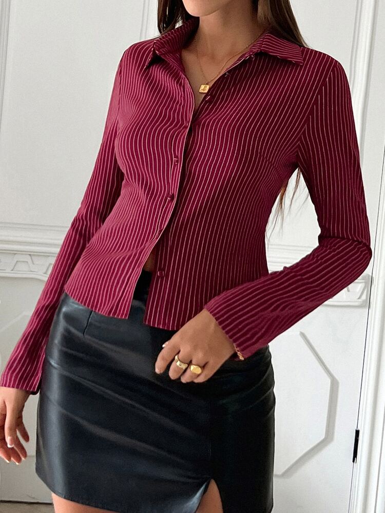 SHEIN Women's Striped Print Simple Daily Long Sleeve Blouse Women Shirt - Burgundy - View 7